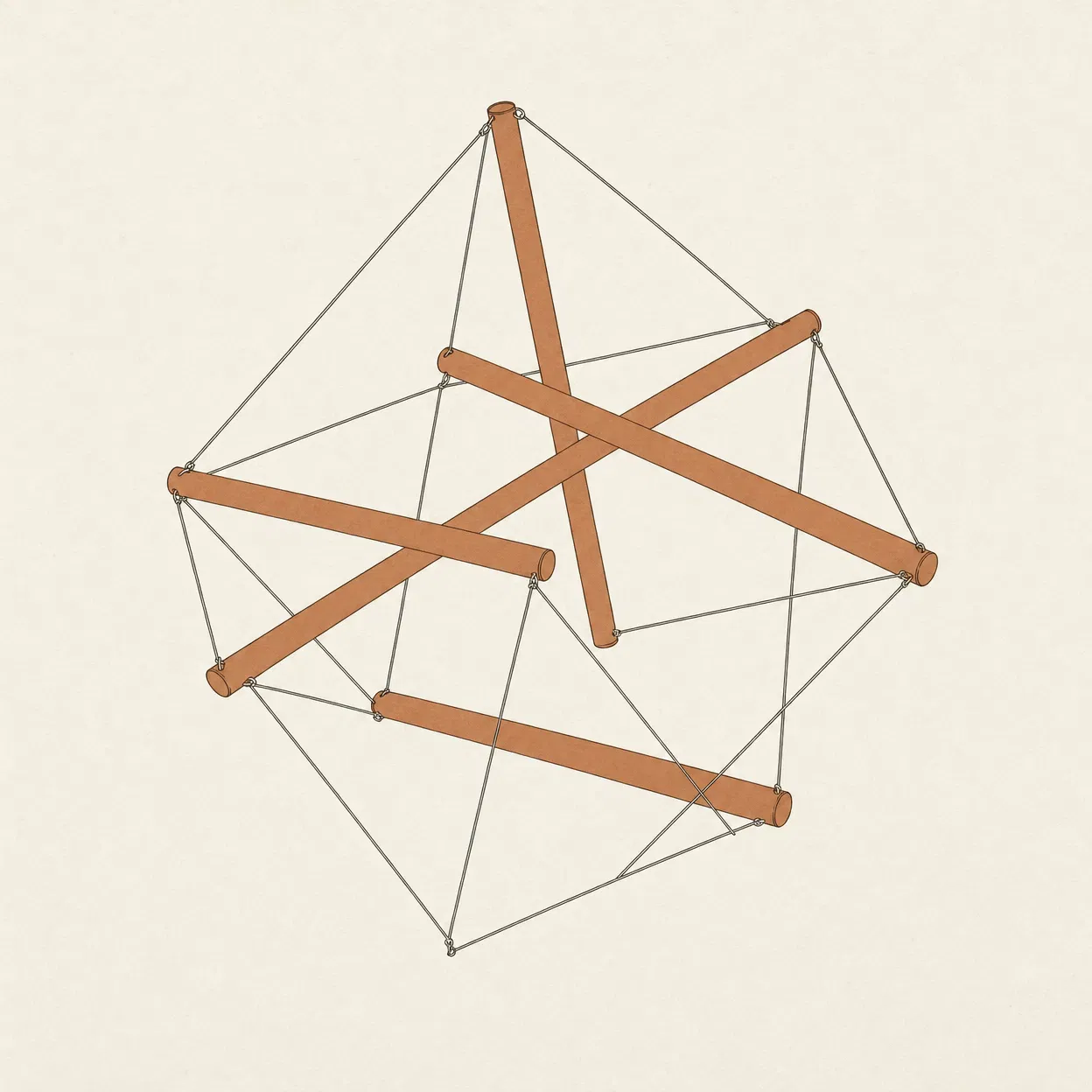 Tensegrity structure — six rods held in equilibrium by a continuous tension network of cables