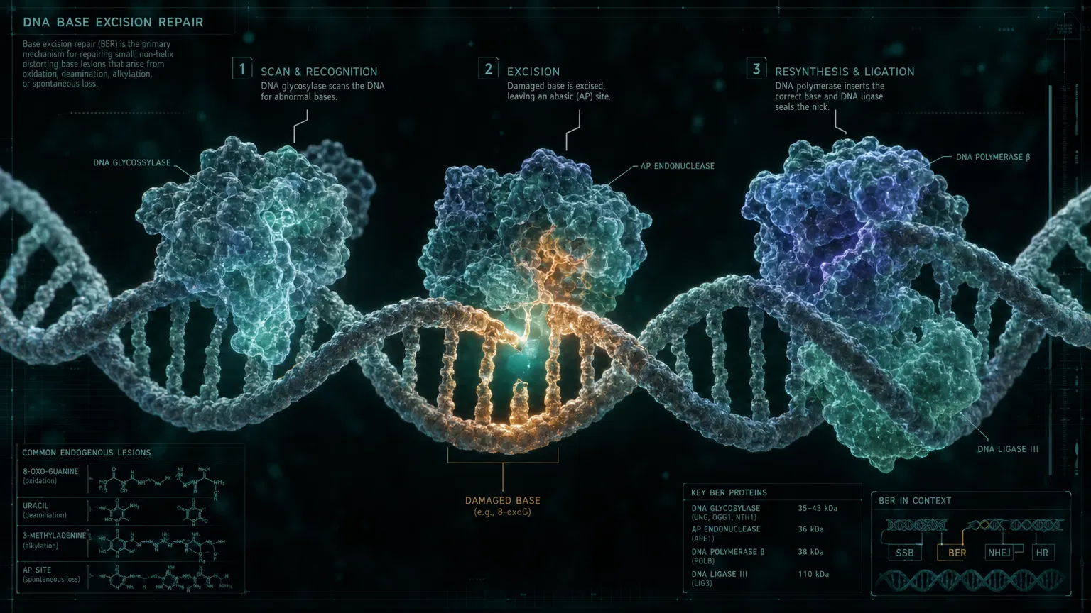 DNA base excision repair — biological error correction at the molecular level