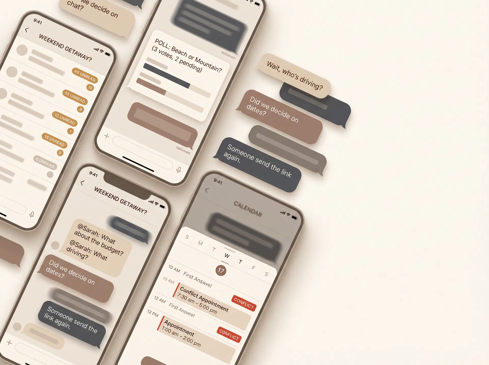 Chaotic group chat planning shown through overlapping phones and unresolved messages