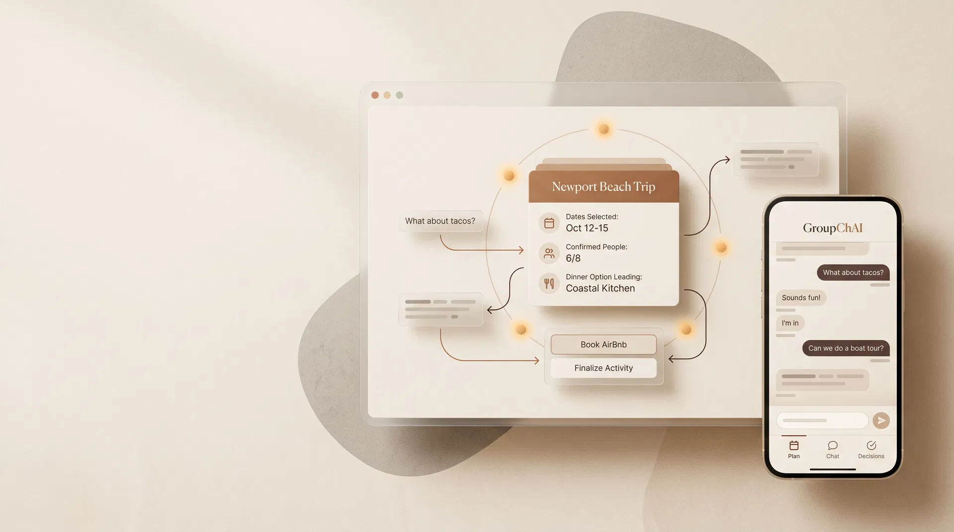 GroupChAI hero concept showing a plan card organizing a Newport Beach trip