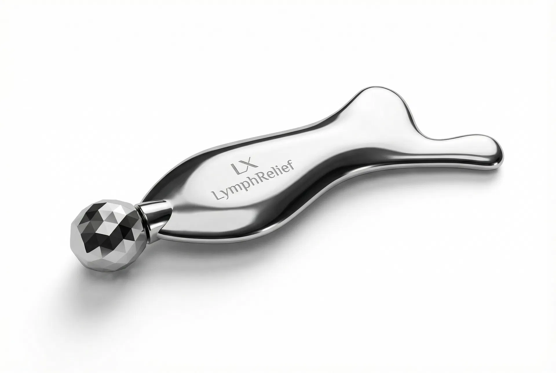 Lymphex Device — professional 3D render showing the chrome gua sha tool with faceted crystal ball