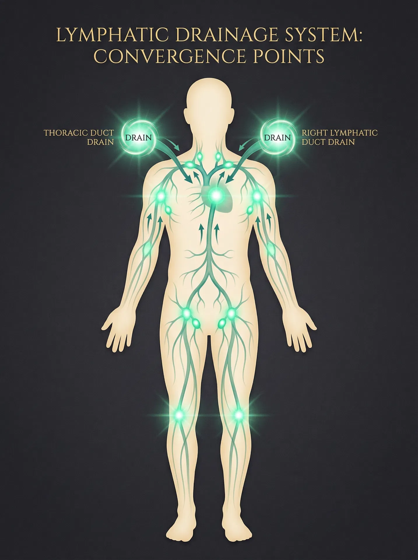 Diagram showing the lymphatic drainage system with thoracic duct and drainage pathways