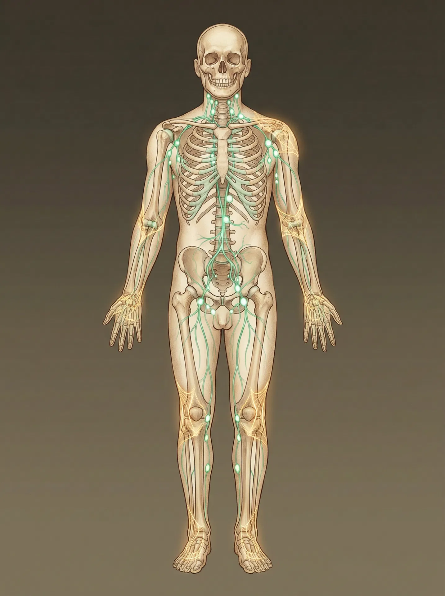 Human skeleton with lymphatic system overlay showing glowing lymph nodes and fascia network