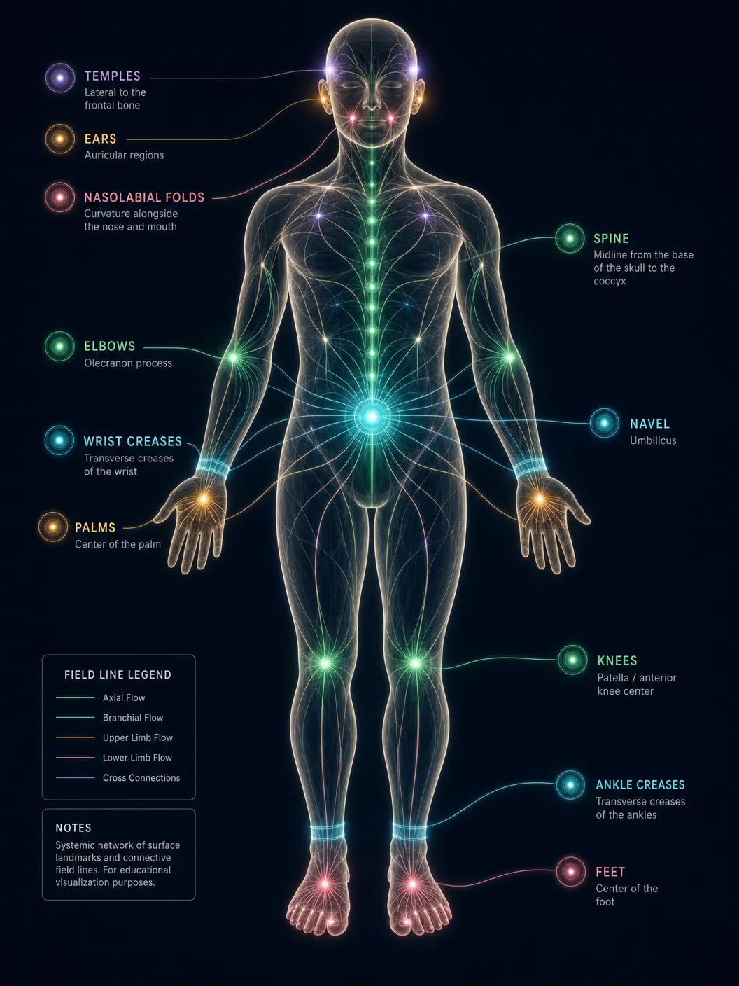 Interactive body surface map showing anatomical landmarks as field boundary nodes