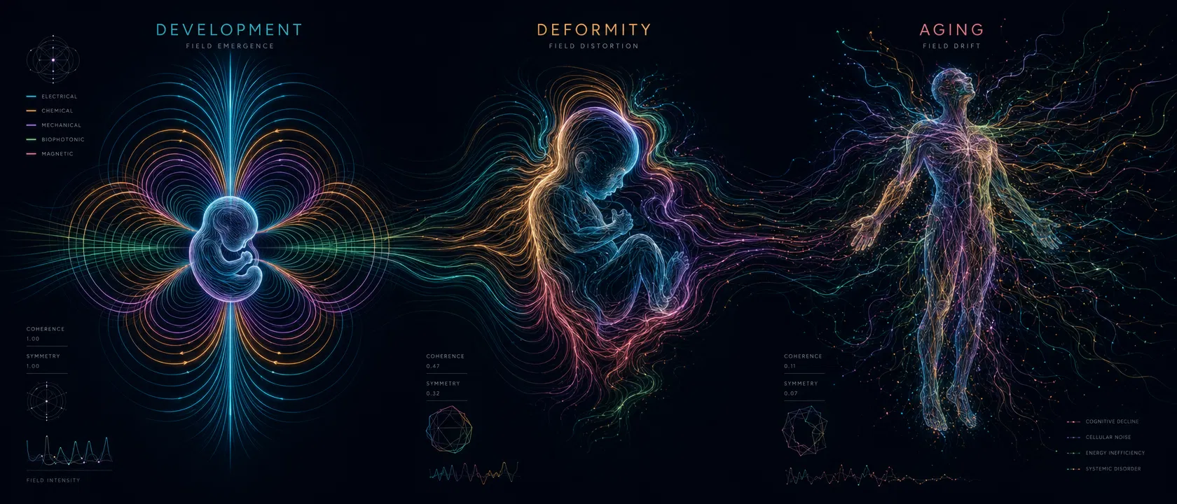 Triptych: Development as field emergence, Deformity as field distortion, Aging as field drift