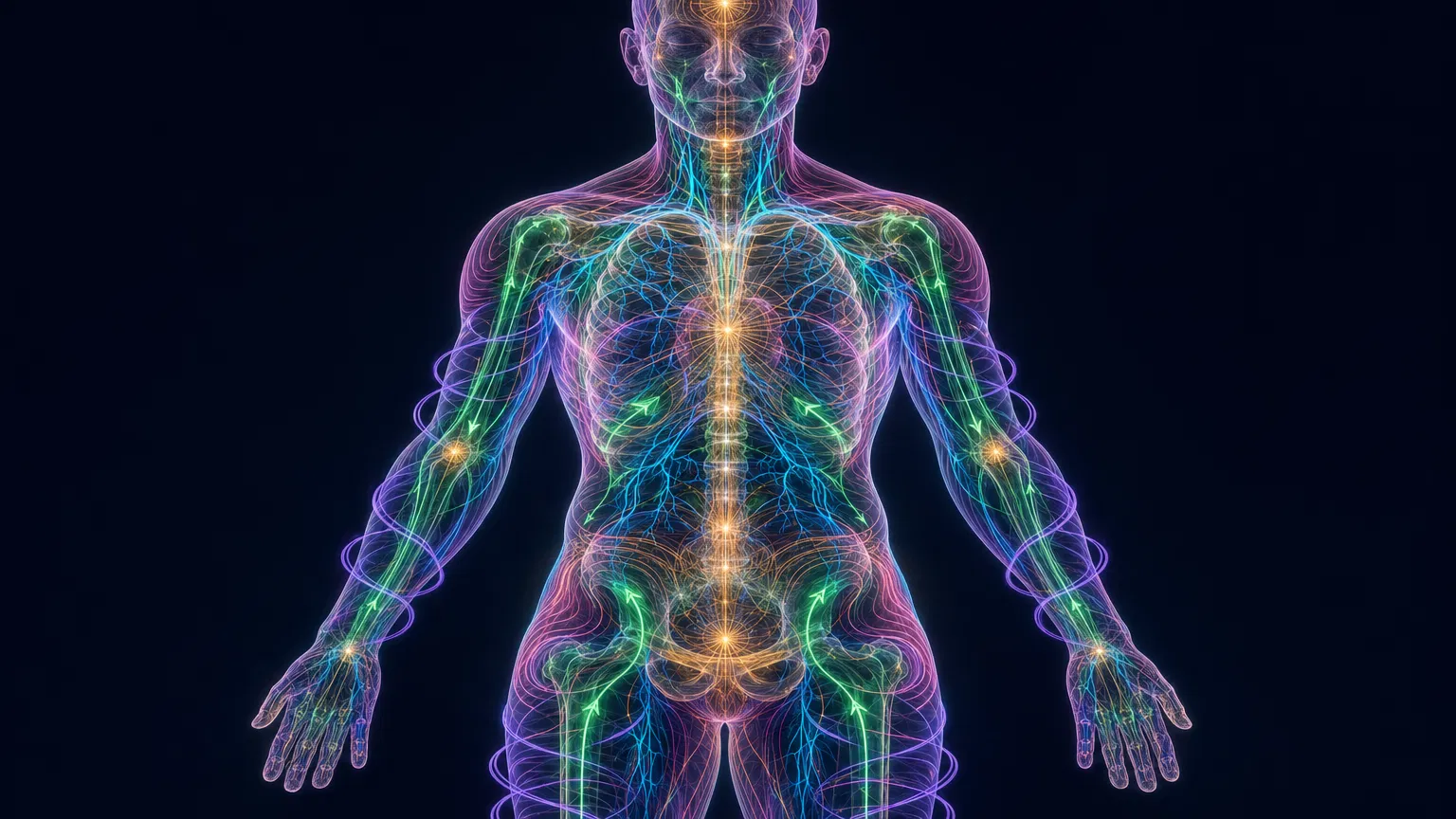 Five overlapping biological field layers visualized on a human torso