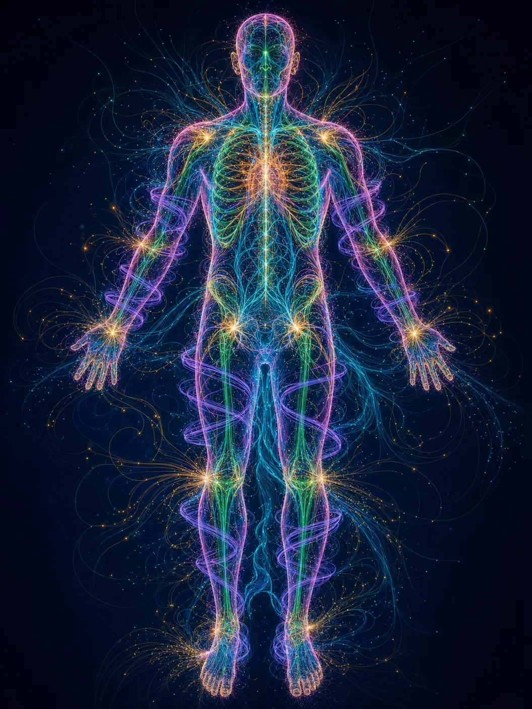 Human form composed of interacting biological field lines