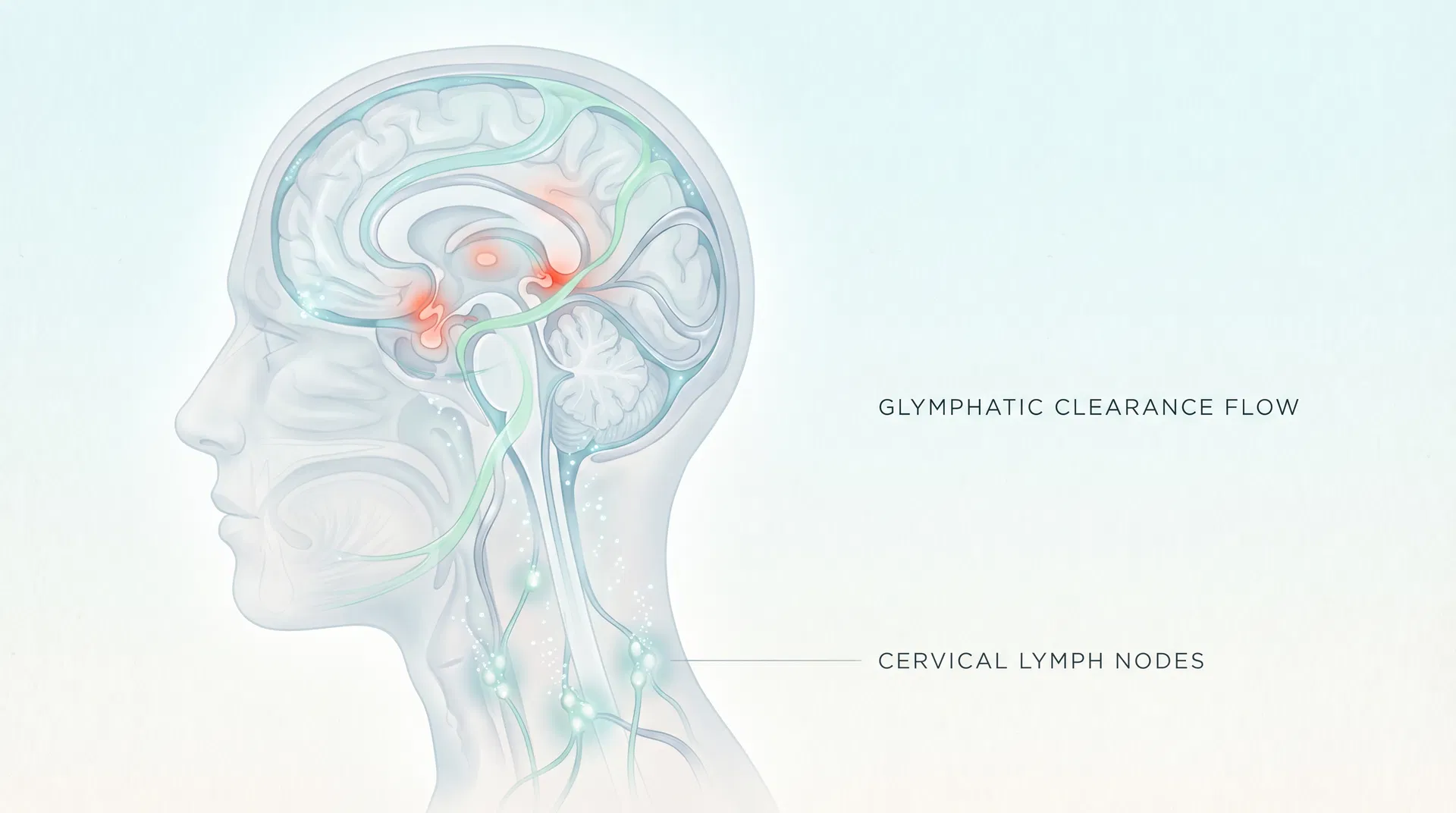 Illustration of glymphatic and lymphatic drainage around the brain