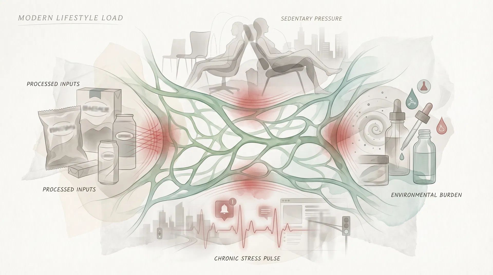 Illustration of modern lifestyle factors increasing overall inflammatory load