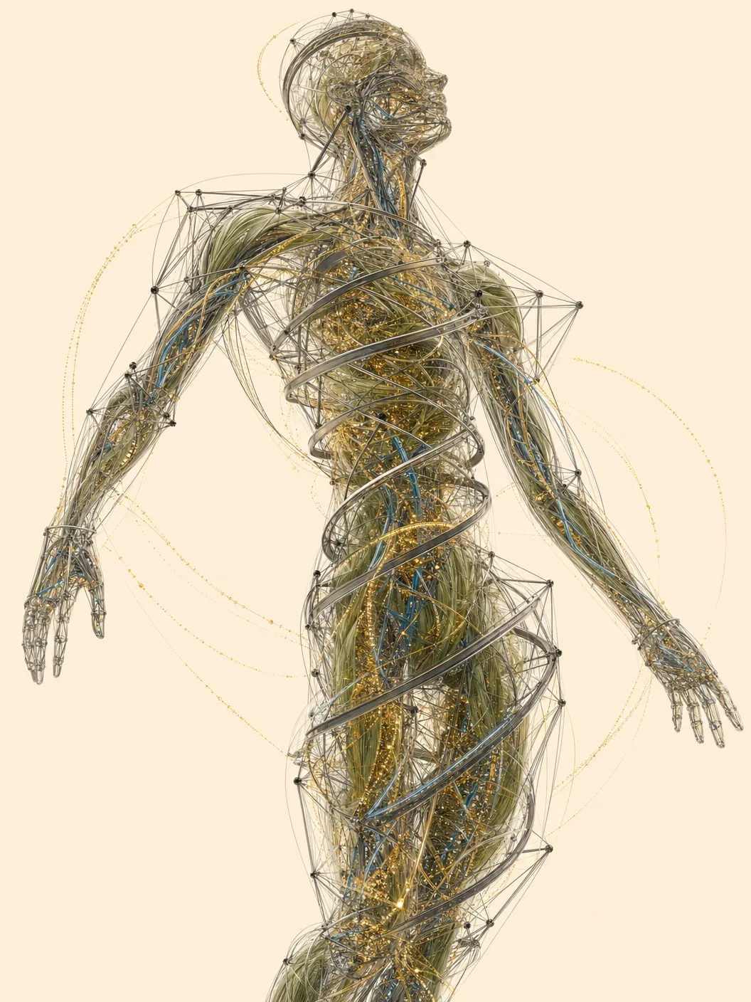 Human body rendered as architectural tensegrity structure with helical spirals