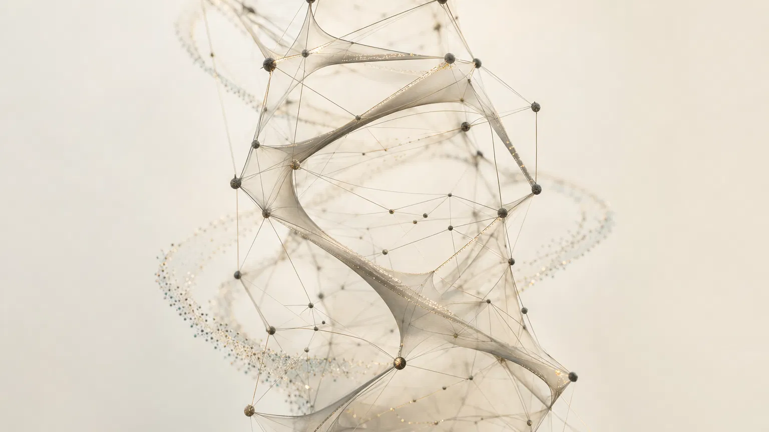 Living tensegrity geometry — a delicate three-dimensional lattice structure with helical spirals and golden particles