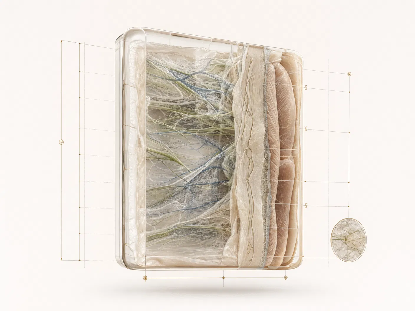 Fascial network visualization — translucent anatomical cross-section