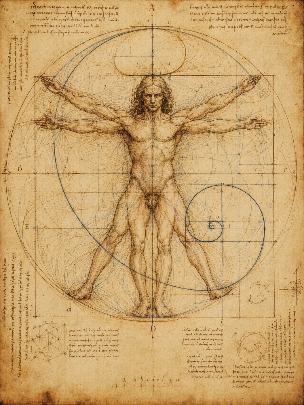 Geometric analysis of the human figure showing spiral vectors, flow fields, and proportional relationships