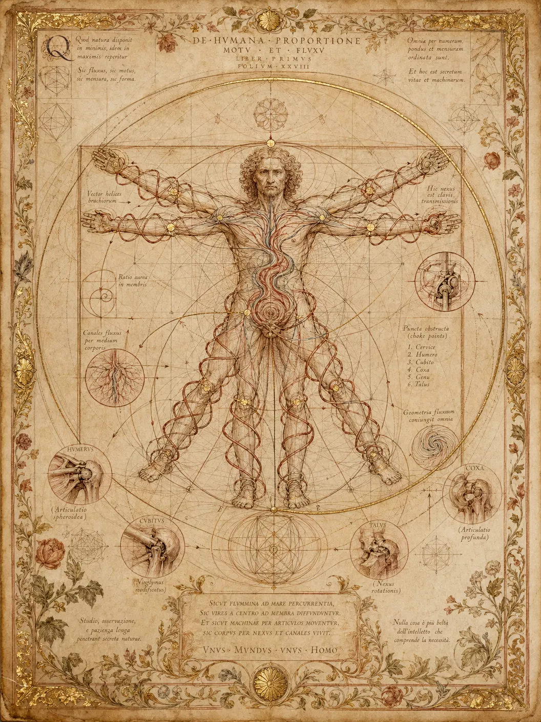Integrated geometric model of the human body showing spiral force vectors, transport pathways, and structural fields
