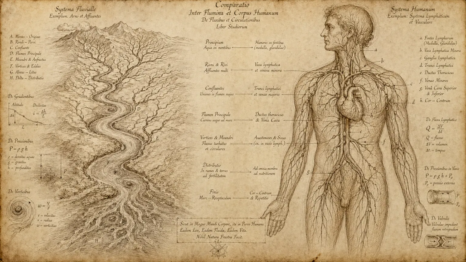 Comparative diagram of watershed hydrology and lymphatic transport architecture