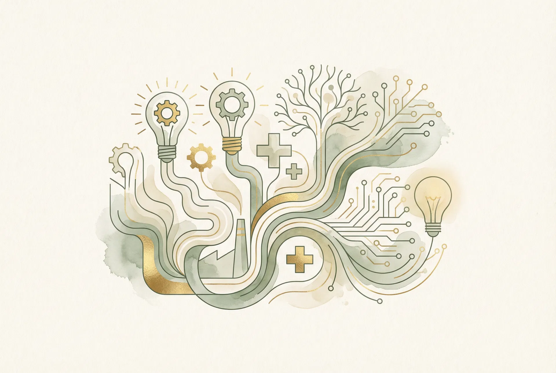 Innovation factory — interconnected ideas flowing between lightbulbs, medical symbols, and circuit patterns