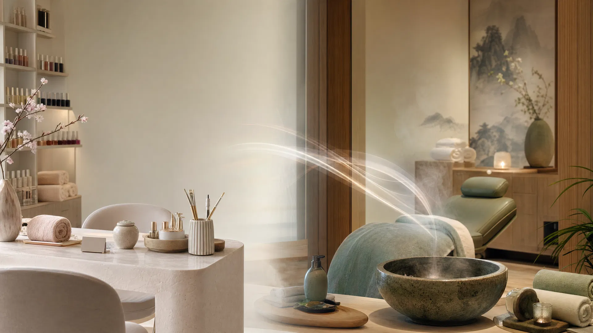Warm modern salon and Korean wellness spa interior with soft flowing light