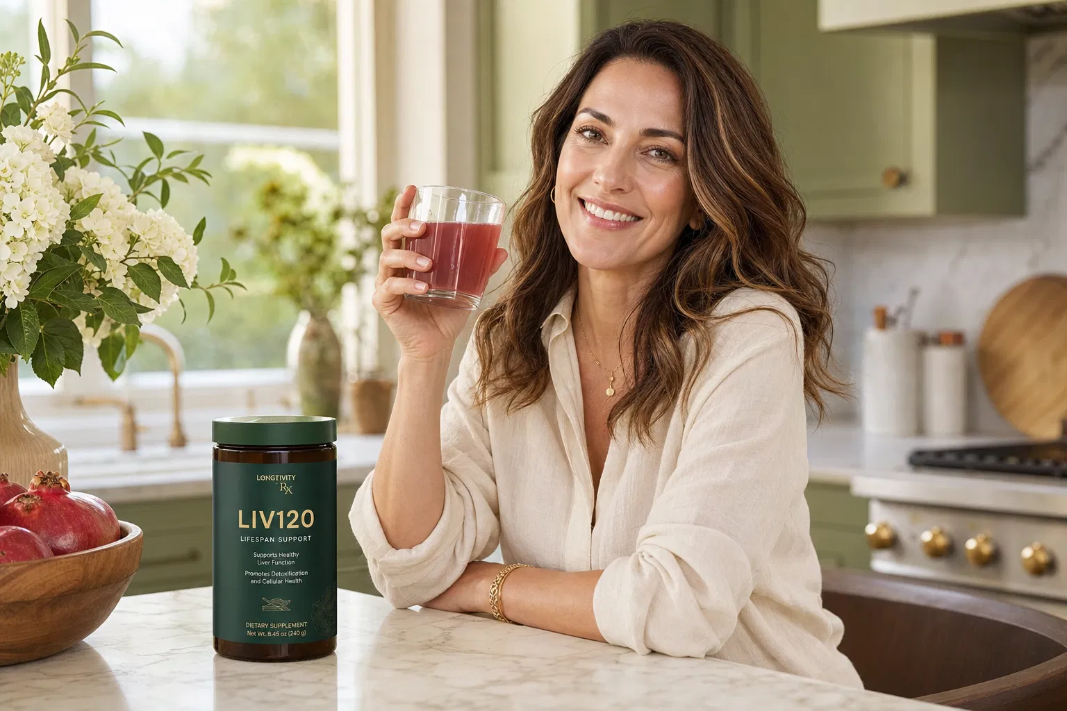 Woman at kitchen counter with Liv120