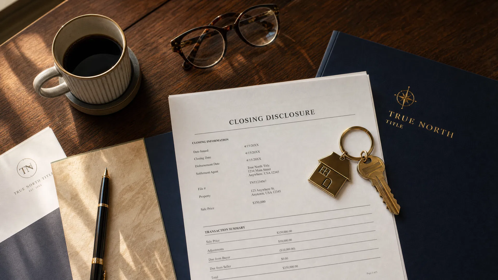 Real estate closing documents and keys on a desk