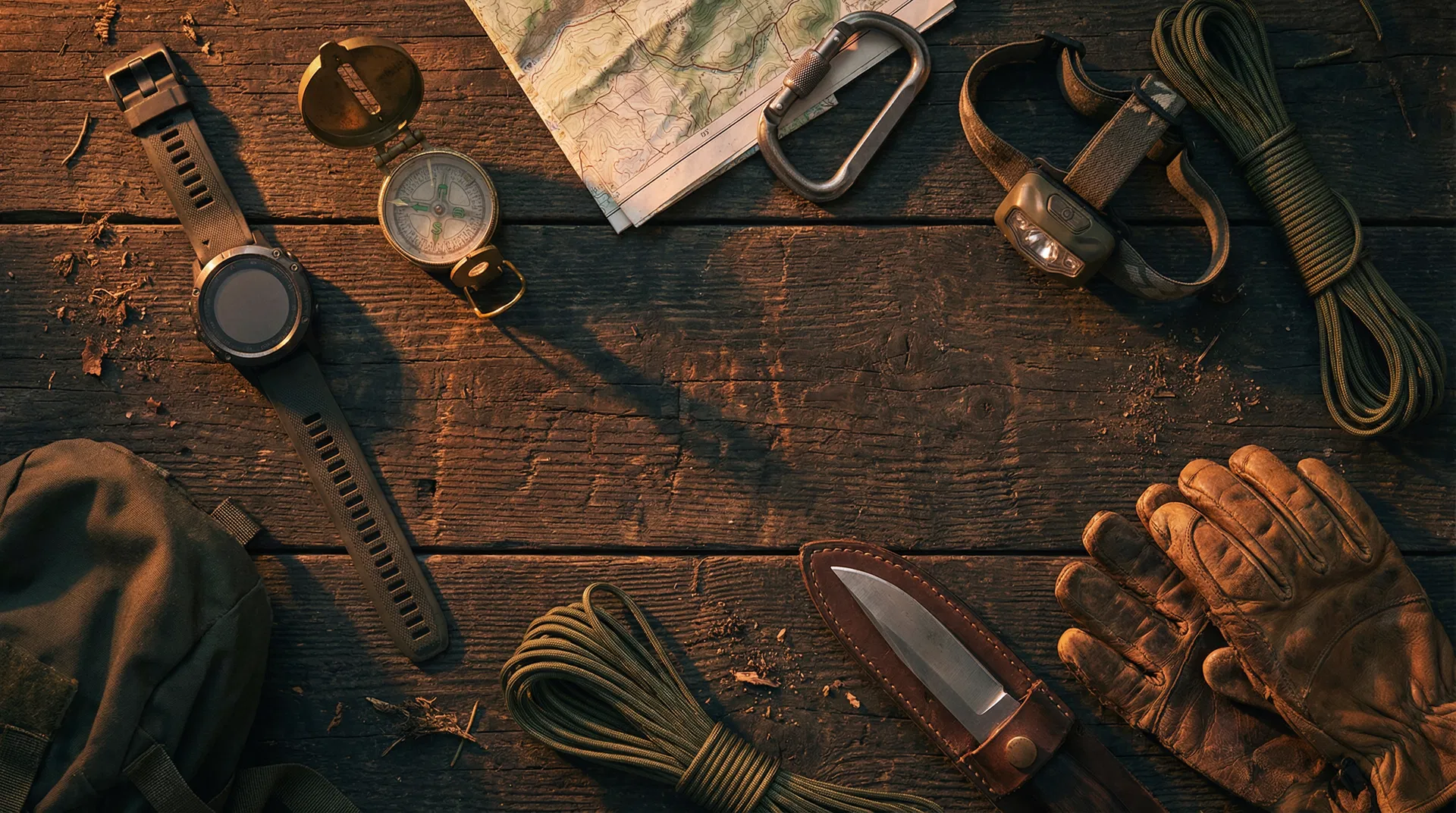 Outdoor gear on wooden table