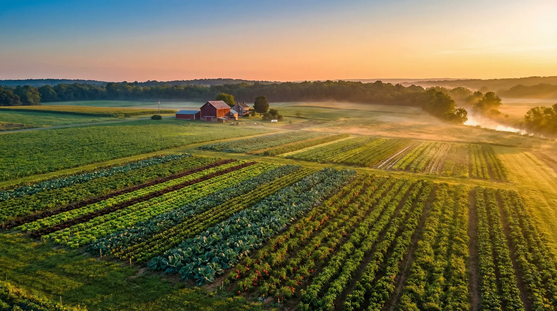 Aerial view of Renewal Roots organic farm at golden hour