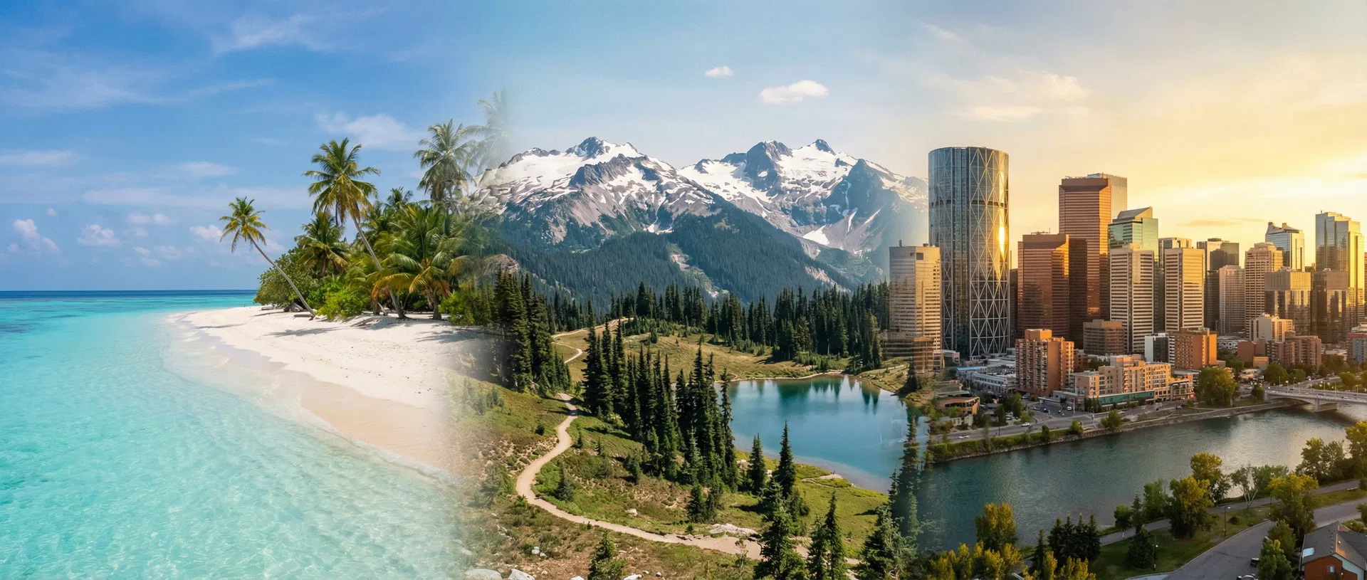 Panoramic landscape blending beach, mountains, and city