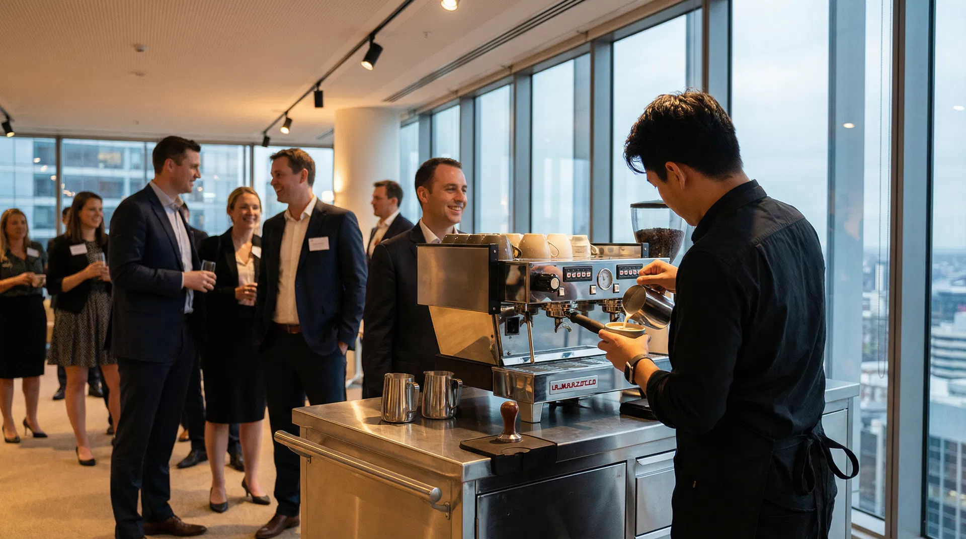 Professional barista crafting a latte at a corporate event