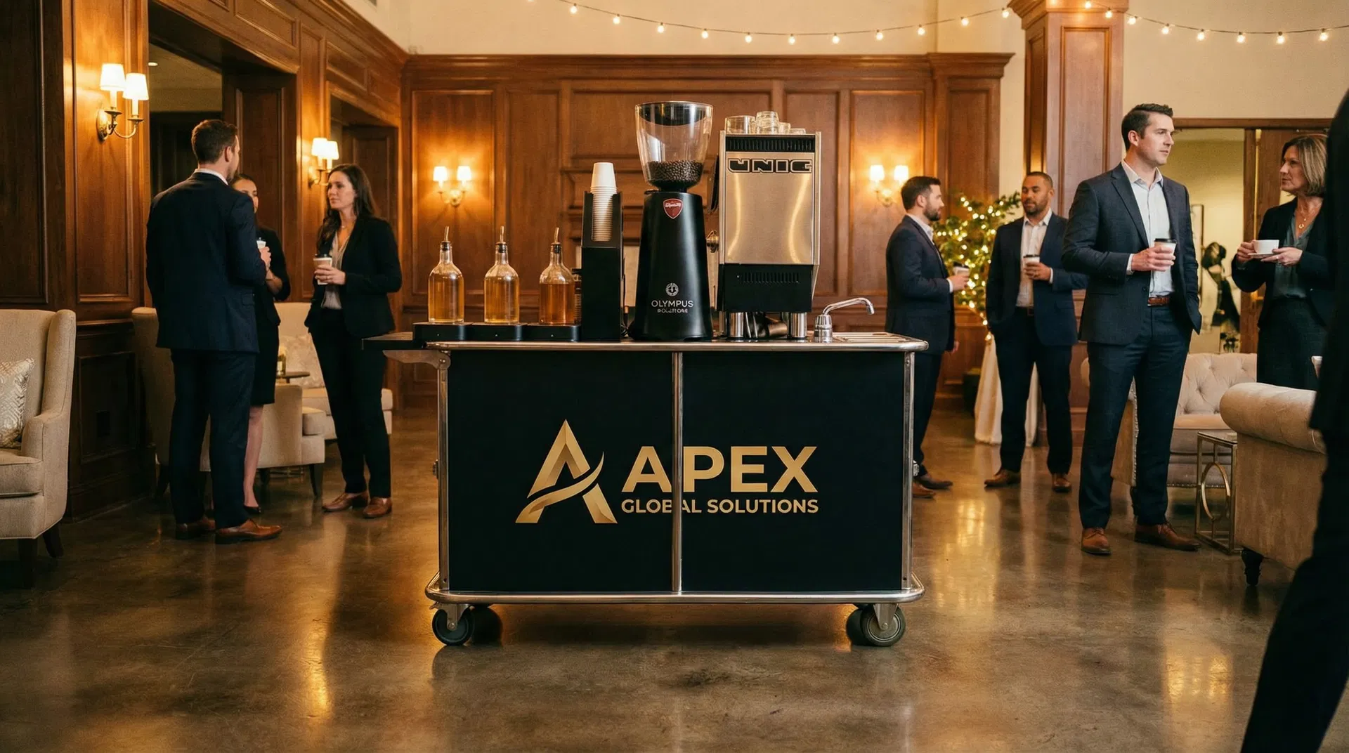 Branded luxury espresso cart with corporate logo