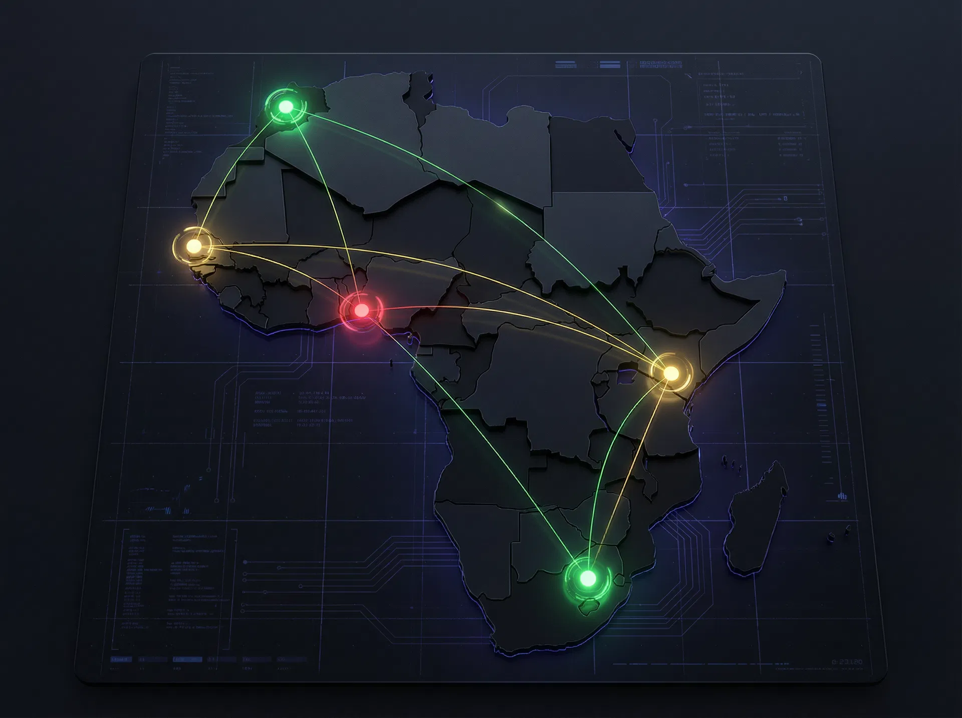 Map of Africa showing five strategic hub cities connected by luminous lines
