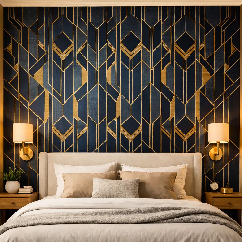 Modern bedroom with geometric wallpaper installation