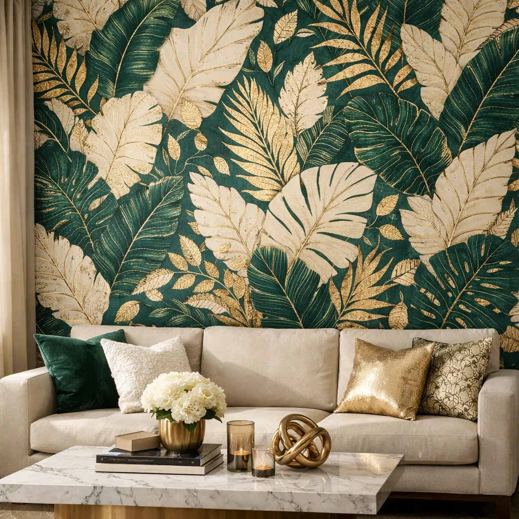 Living room with botanical wallpaper