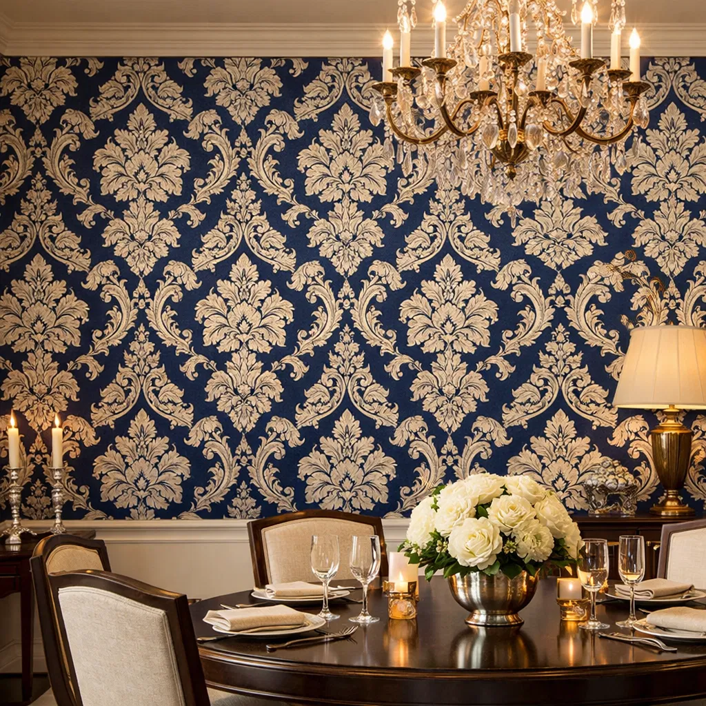 Dining room with damask wallpaper
