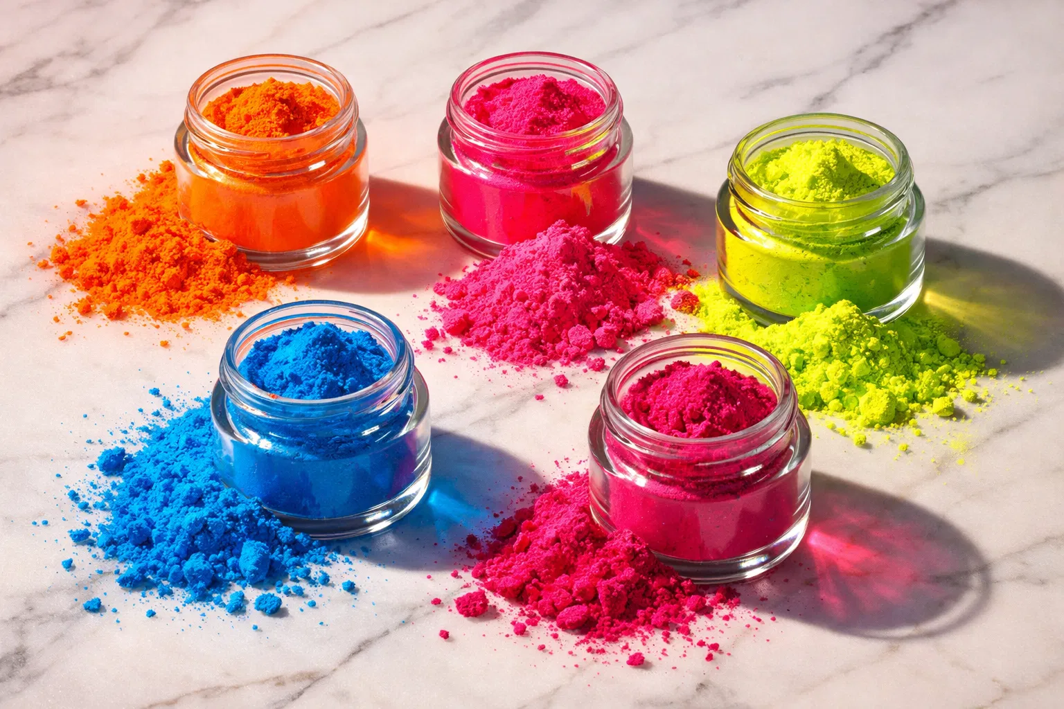 Colorful fluorescent pigments in glass jars