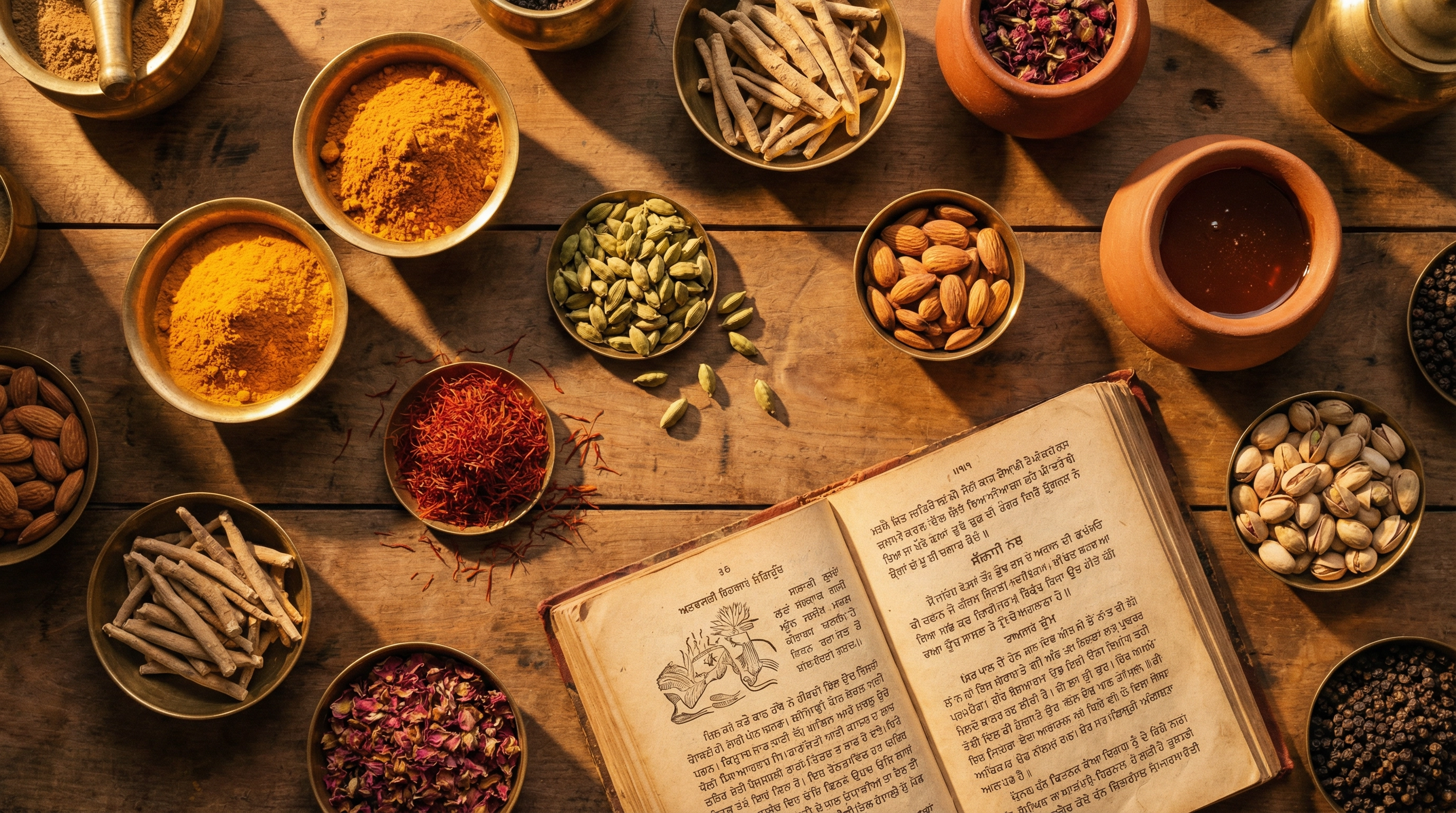 Ancient Majoon recipe ingredients on wooden table