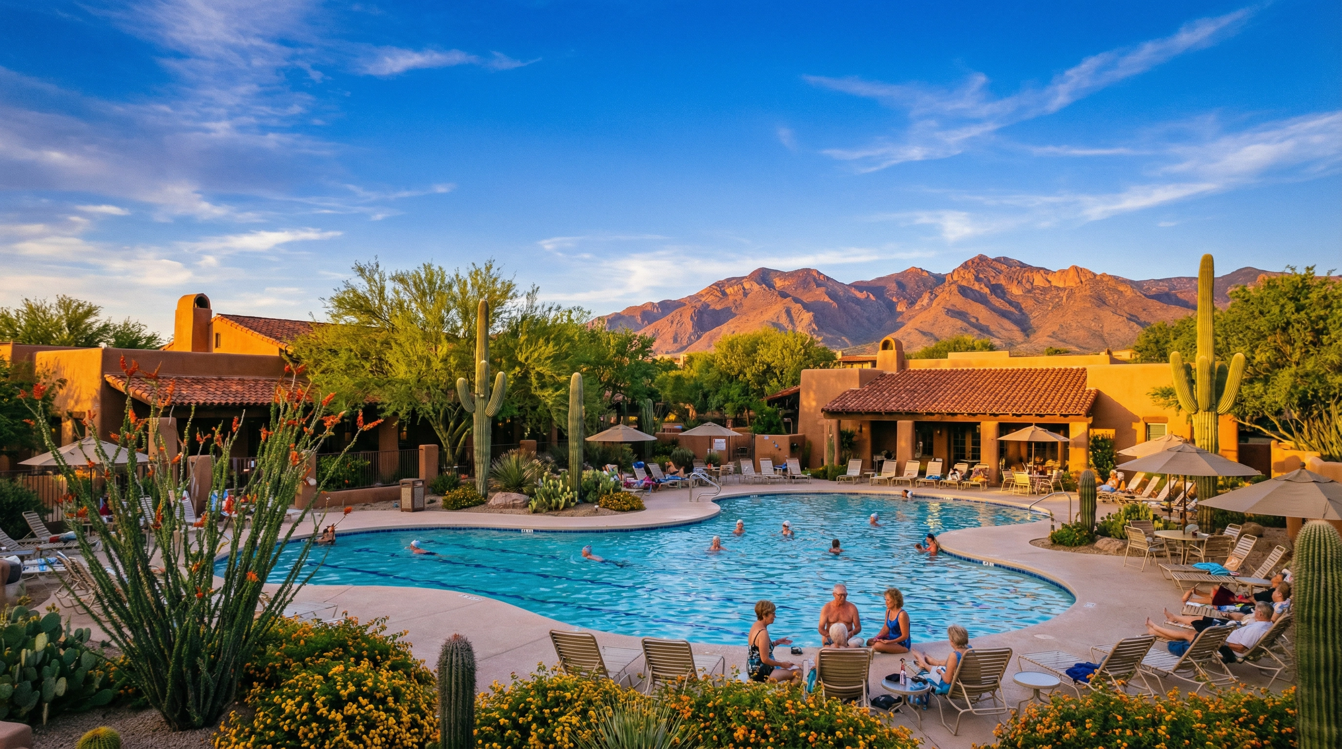 Active adults enjoying an outdoor pool at a Southwestern-style recreation center with the Santa Rita Mountains in the background — Green Valley Recreation, Arizona
