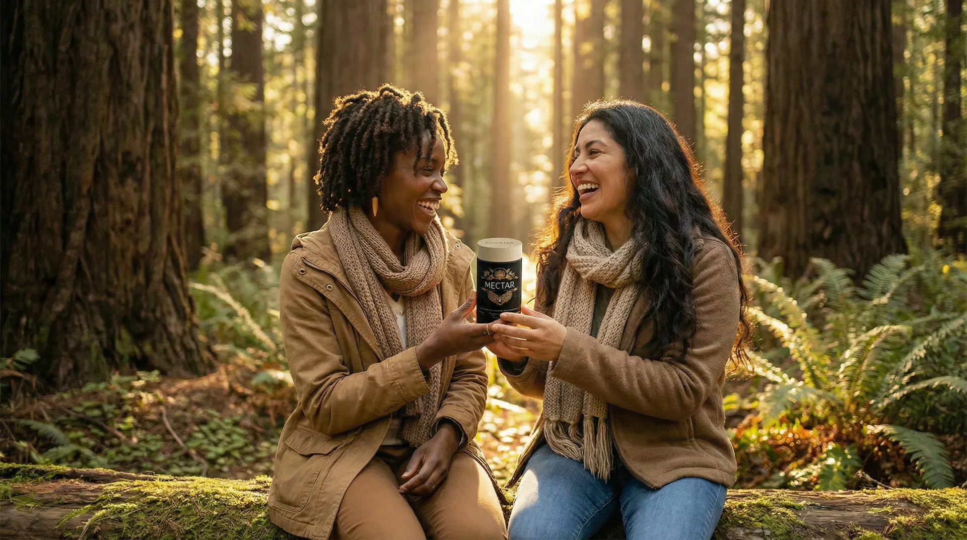 Two friends sharing ALVARA MycoNectar in a redwood forest