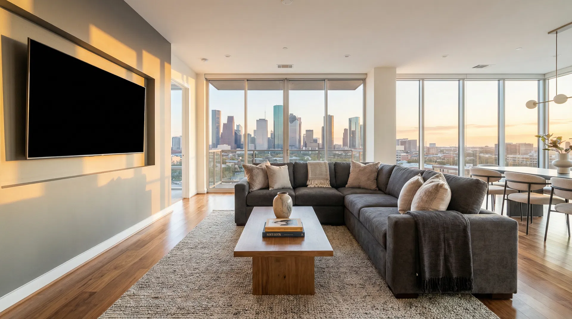 Modern Airbnb short-term rental living room with Houston skyline view, managed by Rohan Services