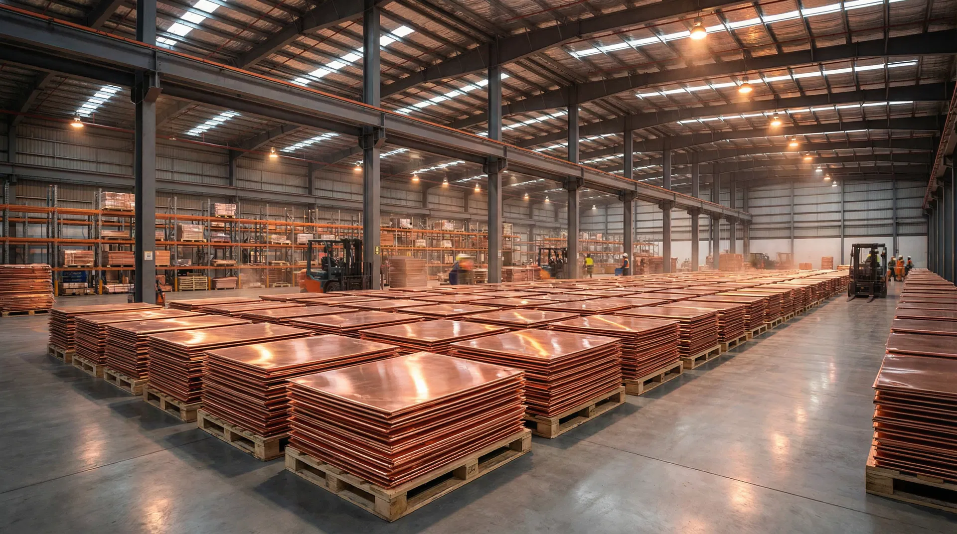 99.99% pure copper cathode sheets stacked in warehouse