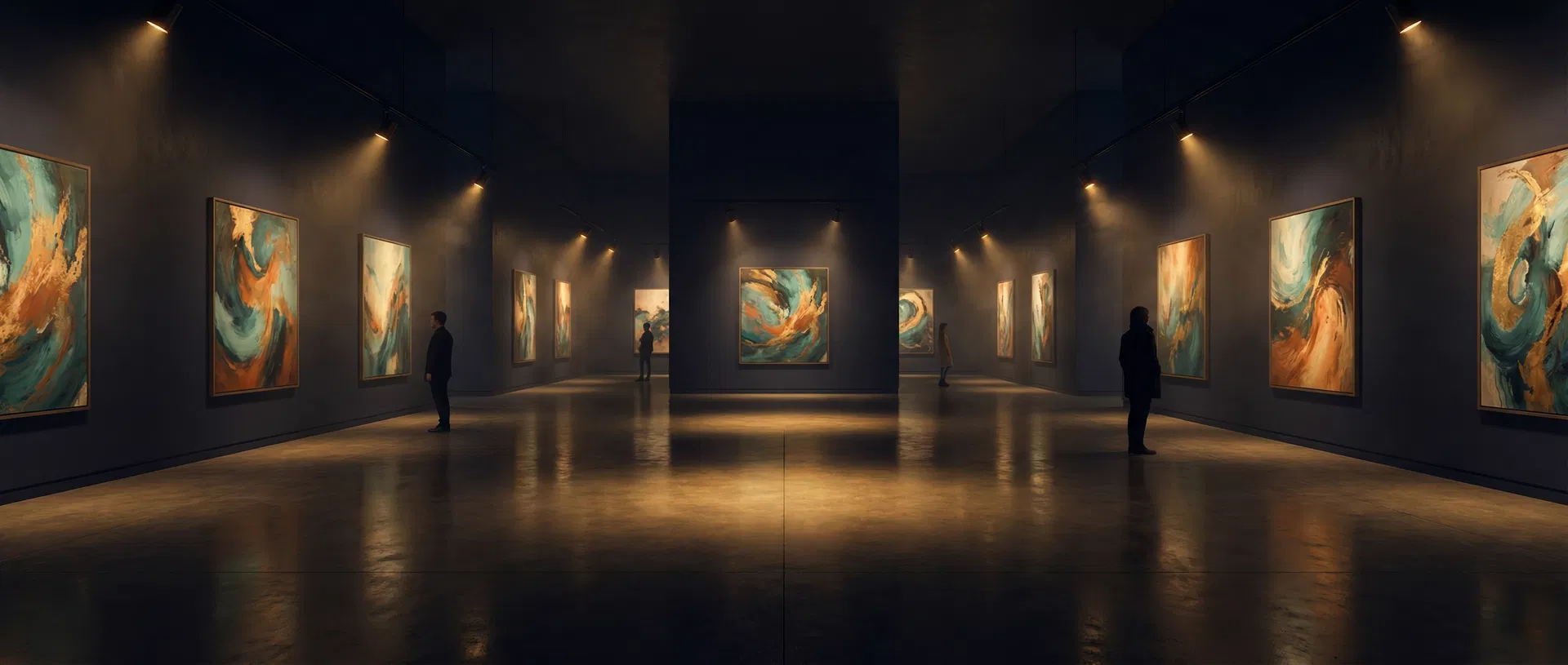 Arts by Tadeo gallery interior with dramatic amber spotlights illuminating paintings