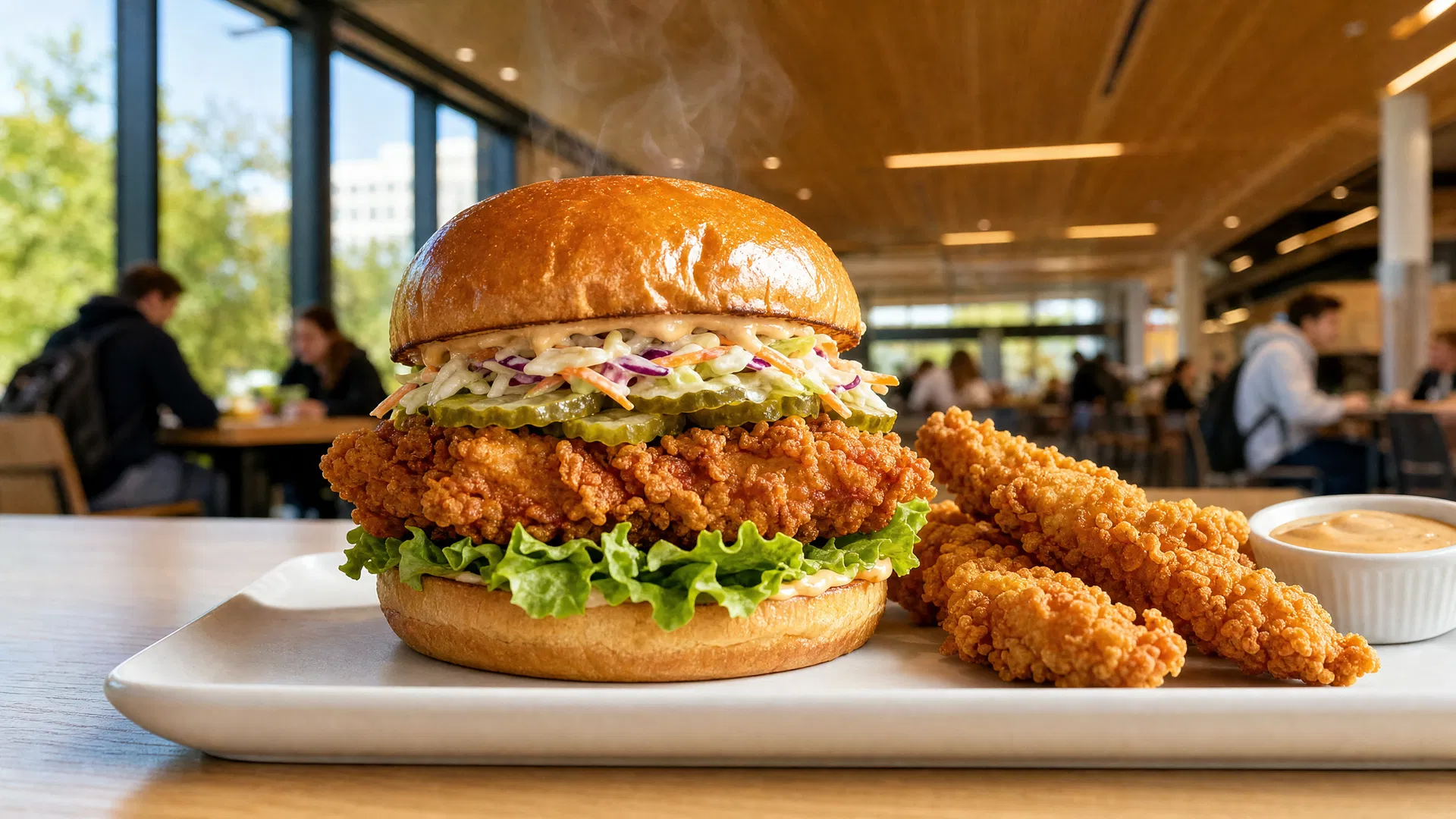 Crispy Varsity Bird chicken served front and center in a modern campus dining setting