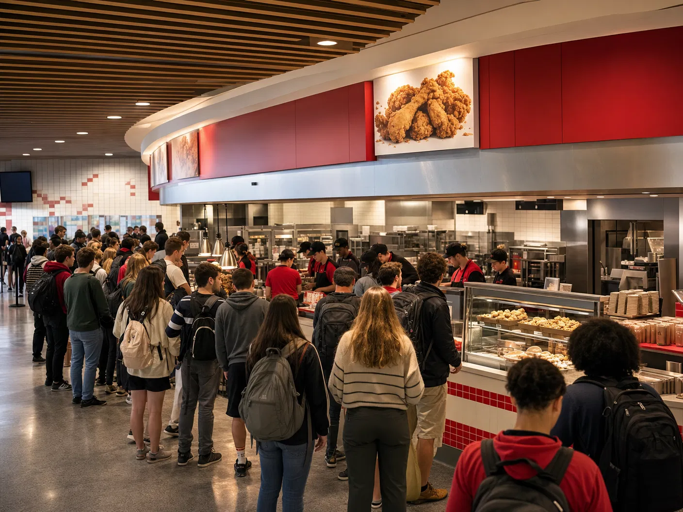 Busy campus food-service line showing event-service demand