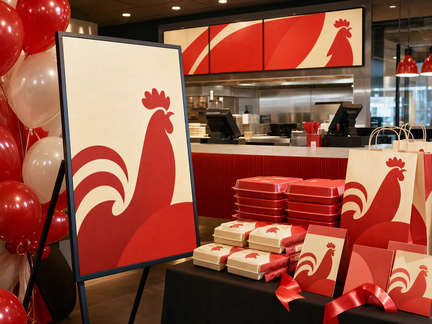 Coordinated branded launch materials for a campus chicken concept