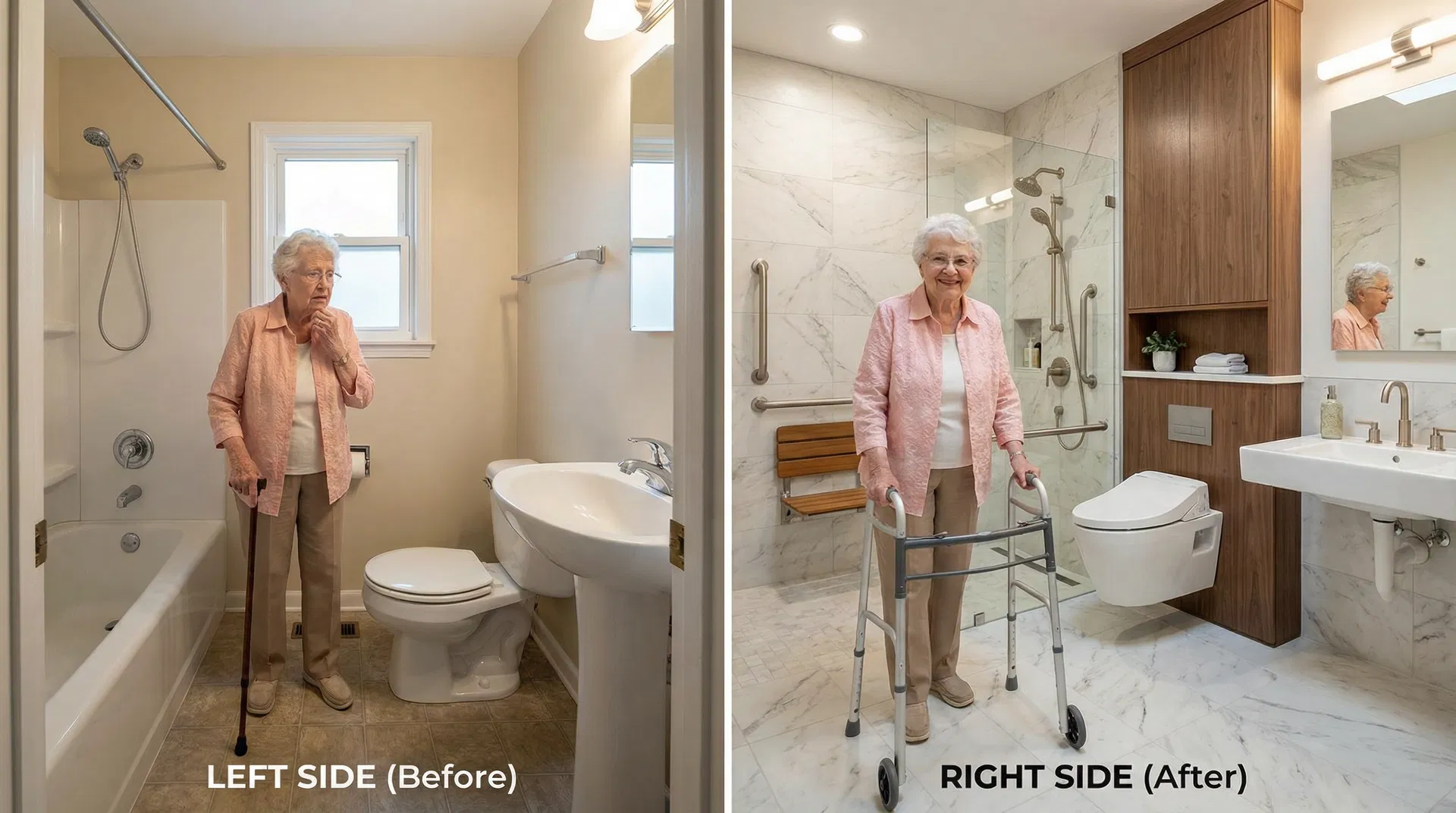 Before and after accessible bathroom transformation
