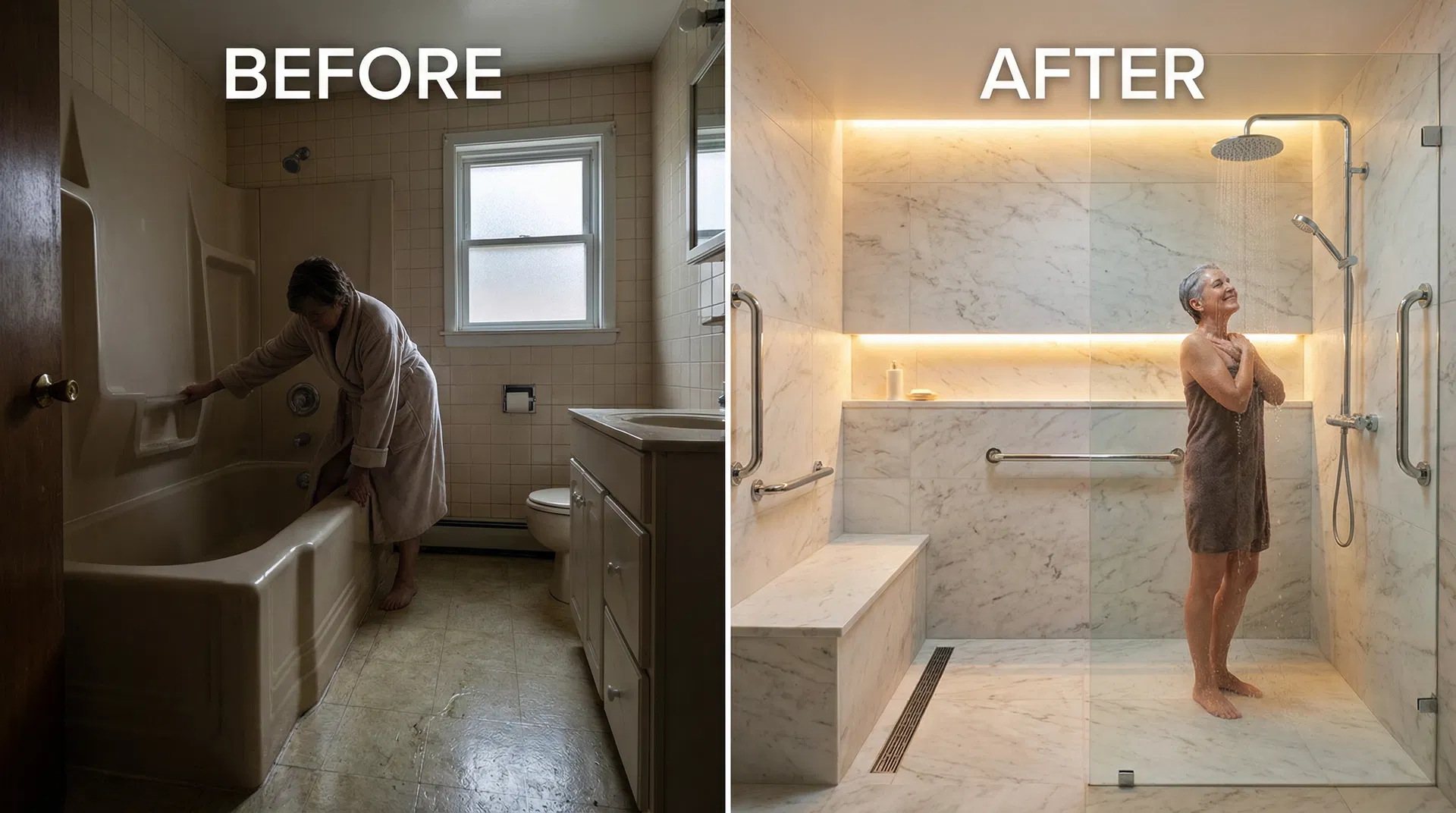Before and after walk-in shower transformation