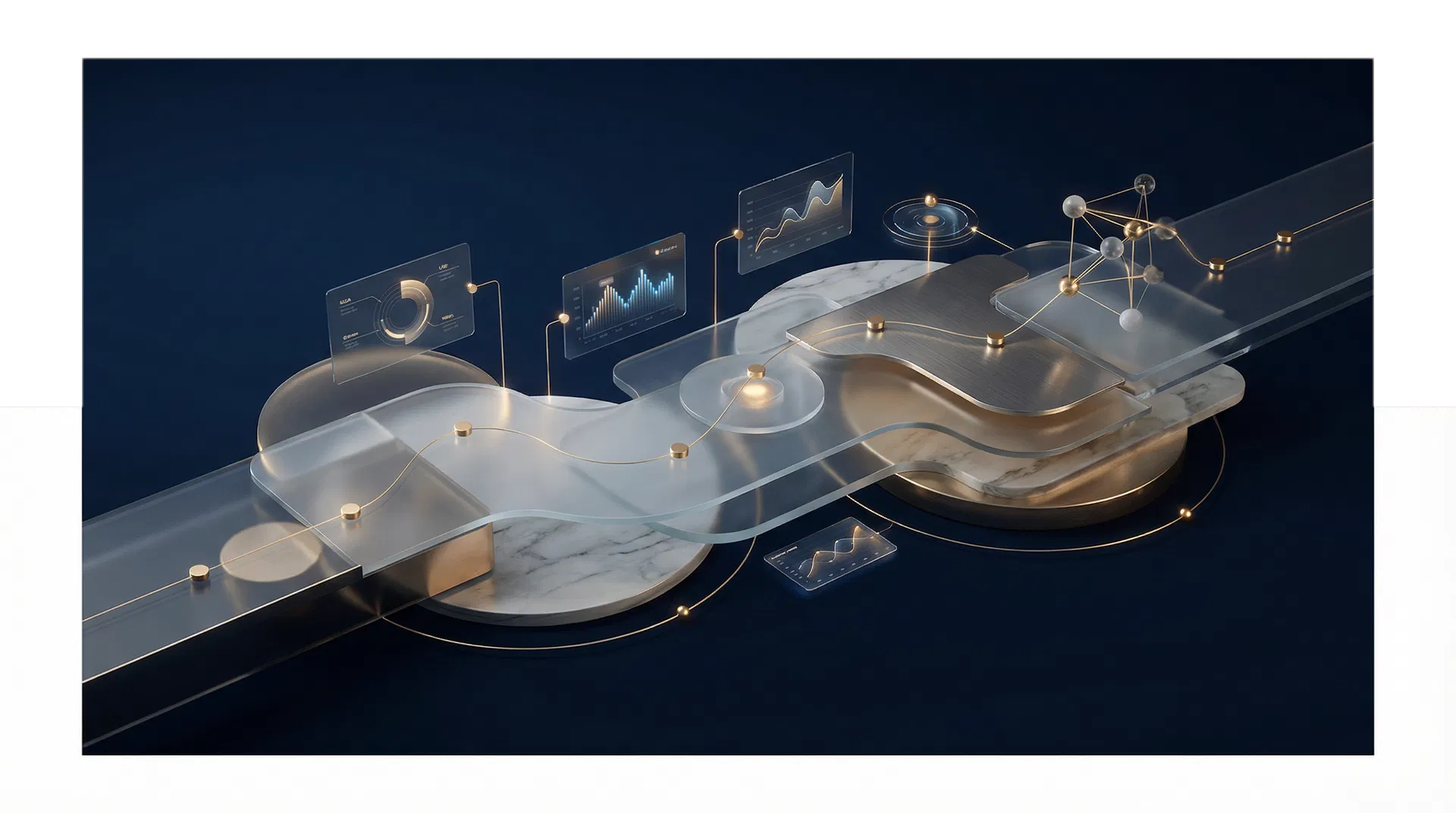 Visual abstrato premium representando jornada do cliente, dados e crescimento