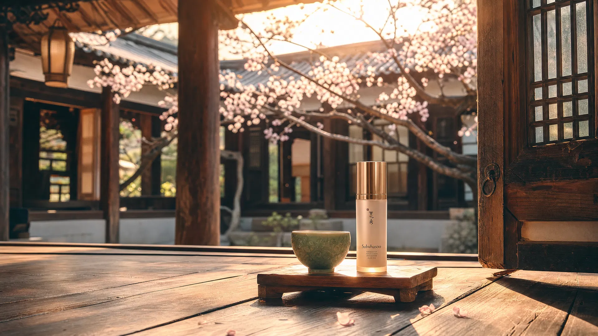 韓屋の縁側に置かれたスキンケアボトルと青磁の茶碗、桜の花びらが舞う朝の光