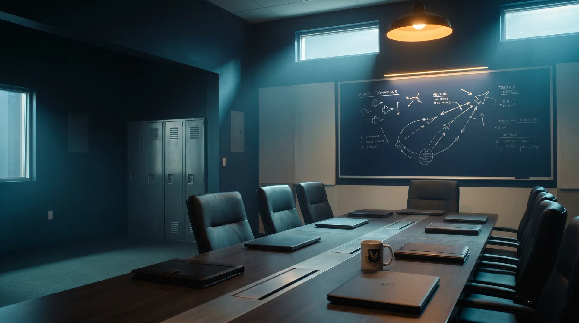 US Air Force fighter squadron briefing room with tactical formation diagrams on the wall — the birthplace of the Top Gun Teamwork accountability framework