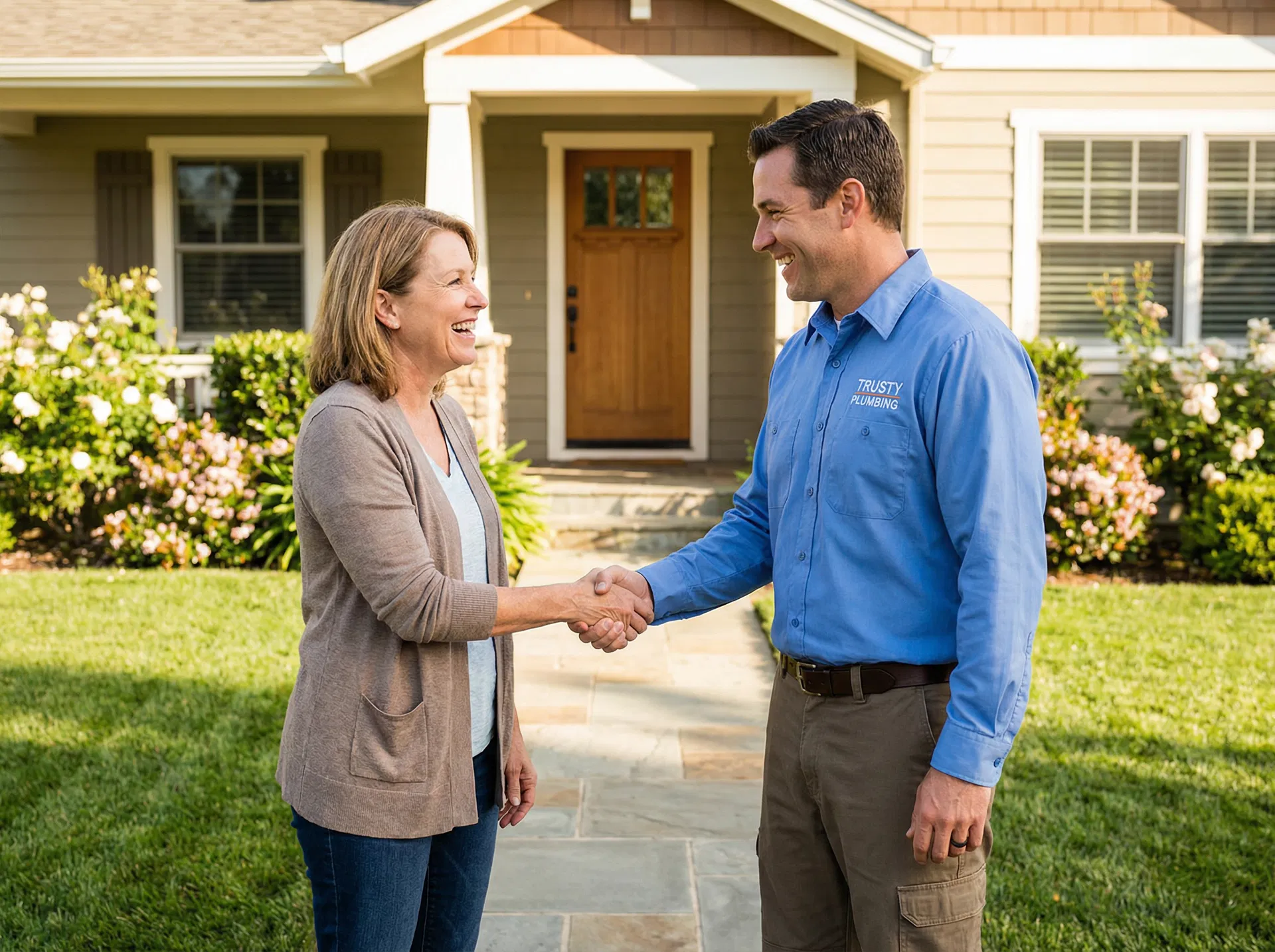 Happy customer greeting plumber at front door
