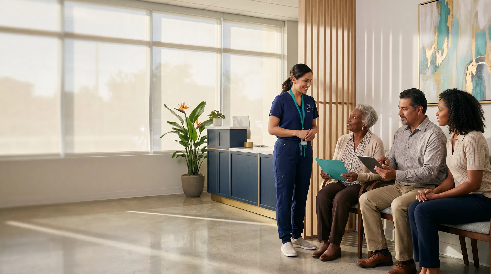 Patients and clinician in a modern specialty healthcare clinic in Miami Gardens