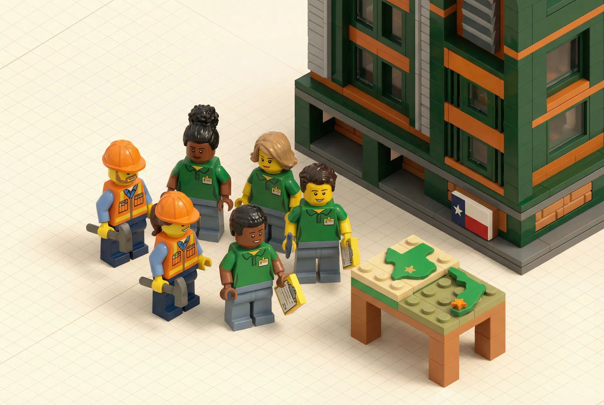 LEGO minifigure team of construction engineers and consultants with Texas map